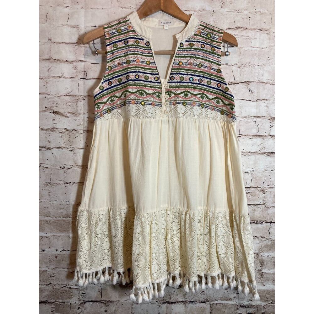 Velzera Peasant Mini Dress Womens Small Cream Embroidered Fringe & Lace Coquette